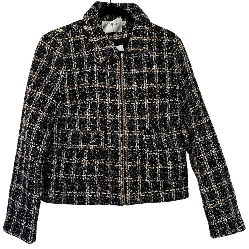 Madison Womens Jacket Large Black & White Shimmering Tweed Crop Jacket NWT